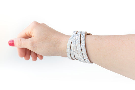Leather Bracelet / Skinny Sliced Wrap Cuff / Denim Cork / Small