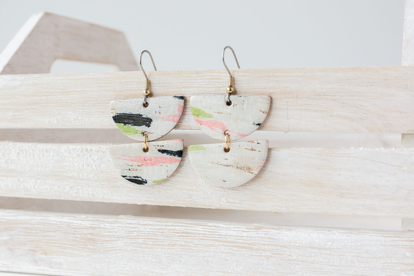 Leather Earrings / Demi Luna / Paint Splash Cork