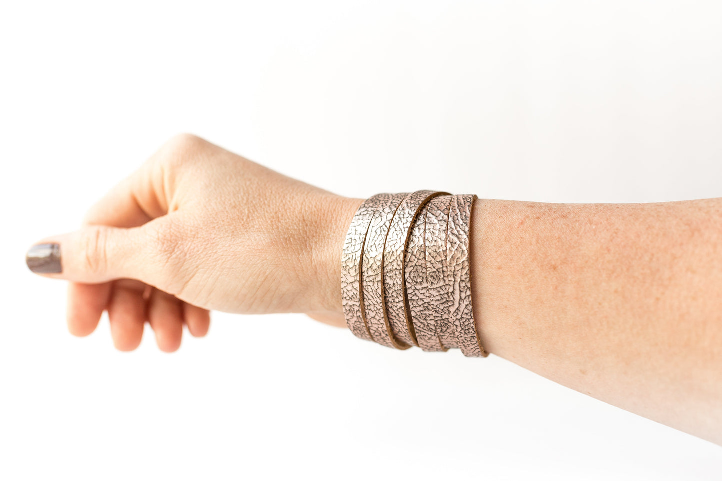 Leather Bracelet / Skinny Sliced Wrap Cuff / Antique Rosegold