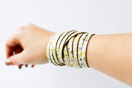 Leather Bracelet / Original Sliced Wrap Cuff / Mustard Poppies Cork