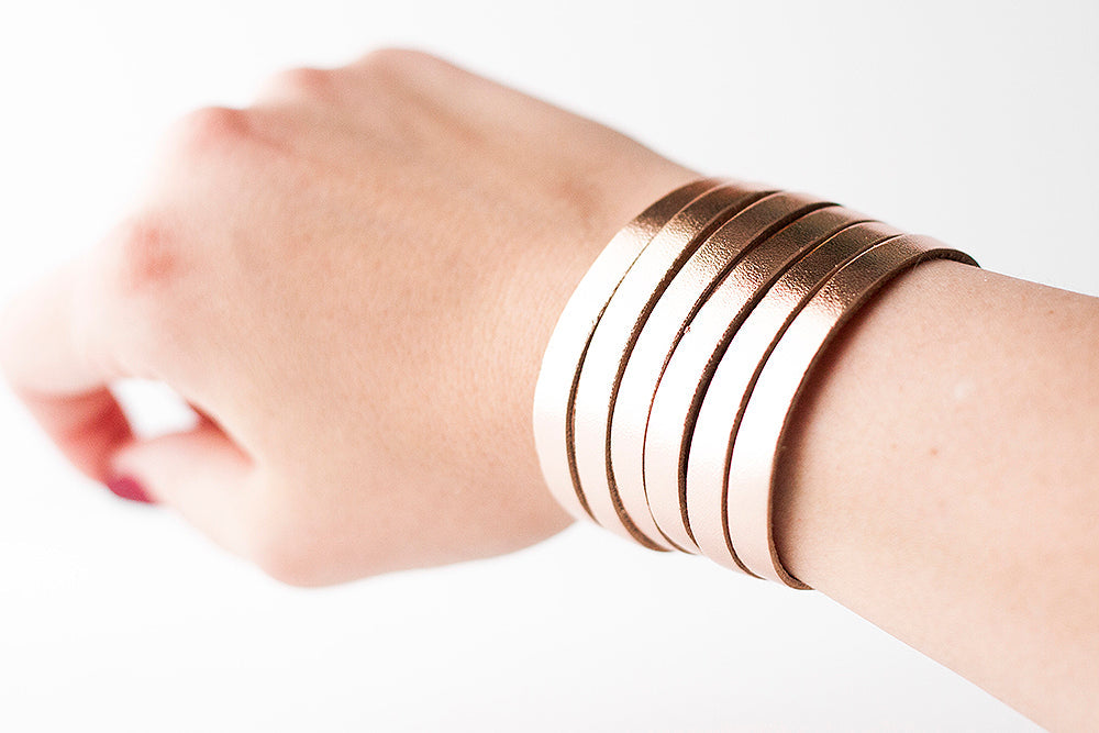 Leather Bracelet / Original Sliced Cuff / Metallic Rosegold