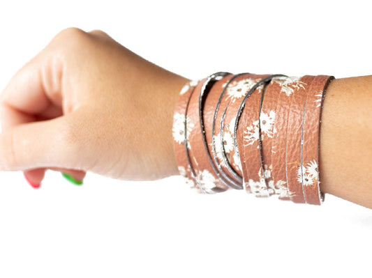 Leather Bracelet / Original Sliced Wrap Cuff / Rust Blooms