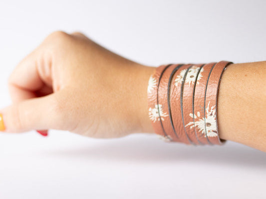 Leather Bracelet / Original Sliced Cuff / Rust Blooms / Small