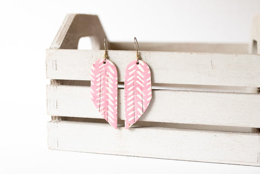Leather Earrings / Mini Fringe / Pink Chevron Cork