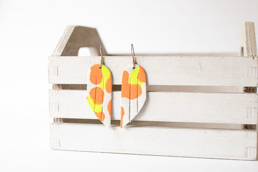 Leather Earrings / Mini Fringe / Neon Leopard