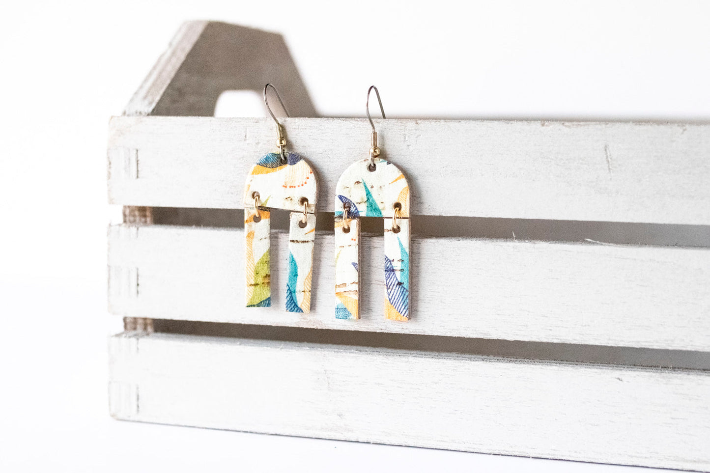 Leather Earrings / Mini Sunrays / Vibrant Ocean Cork