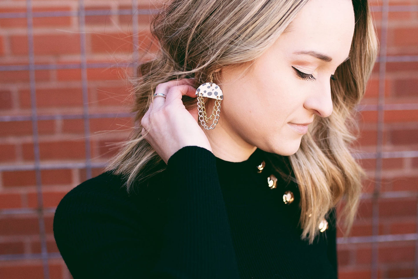 Leather Earrings / Chain Drop / Aztec Geo Cork