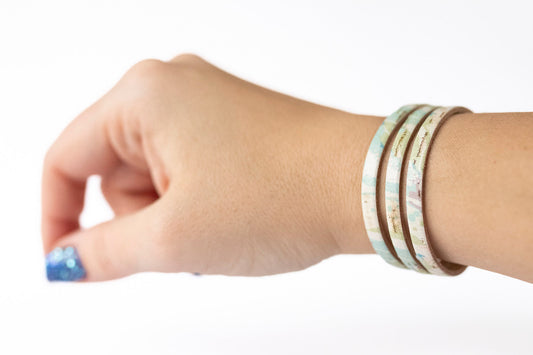 Leather Bracelet / Ultra Skinny Sliced Cuff / Retro Palms Cork / Large