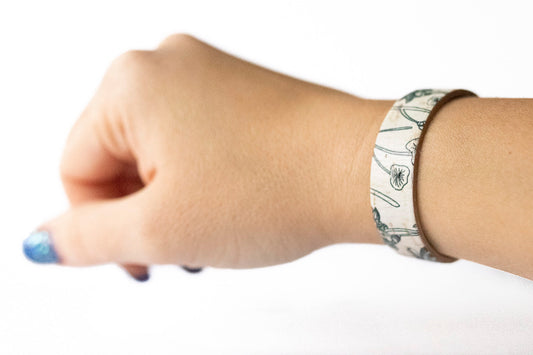 Leather Bracelet / Skinny Slim Cuff / Flourishing Cork