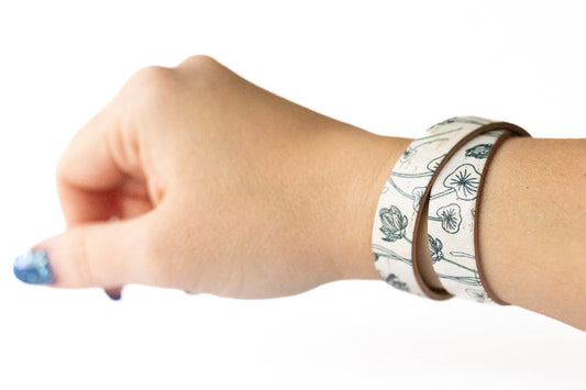 Leather Bracelet / Slim Wrap Cuff / Flourishing Cork