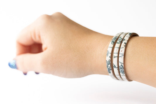 Leather Bracelet / Ultra Skinny Sliced Cuff / Flourishing Cork