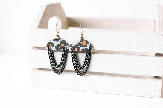 Leather Earrings / Black Chain Drop / Sparkle Leopard Silver