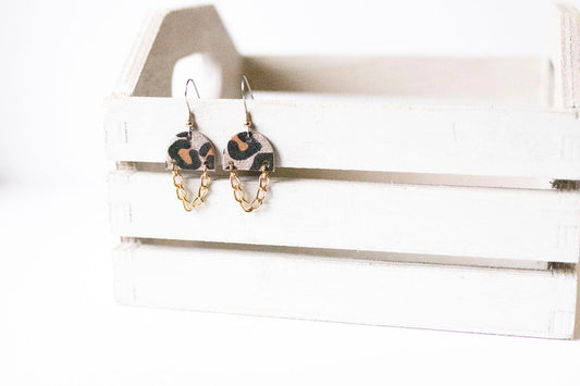 Leather Earrings / Mini Chain Drop / Sparkle Leopard Gold