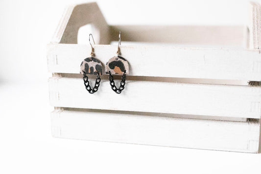 Leather Earrings / Black Mini Chain Drop / Sparkle Leopard Gold