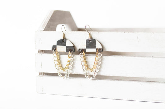 Leather Earrings / Chain Drop / Checker Cork