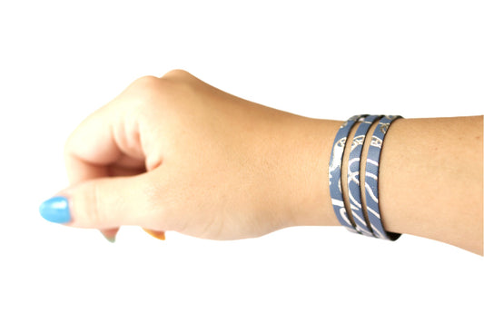 Leather Bracelet / Ultra Skinny Sliced Cuff / Denim Scribble / Large