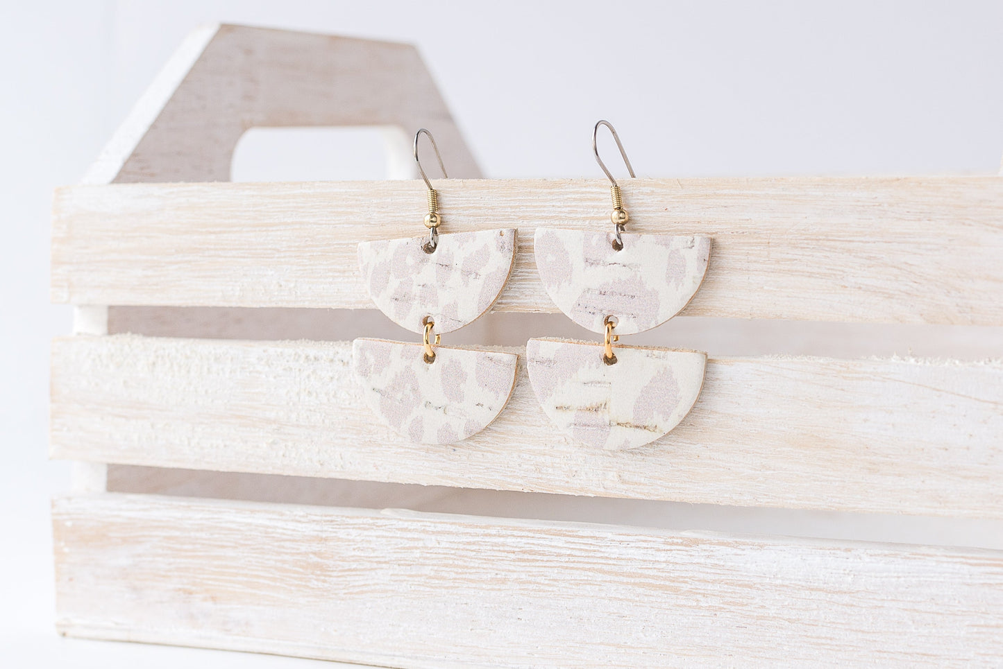 Leather Earrings / Demi Luna / Nude Leopard Cork