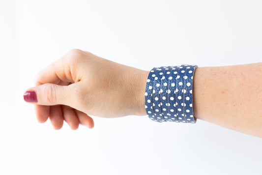 Leather Bracelet / Original Sliced Cuff / Navy Dots / Small