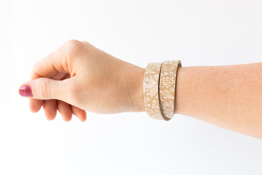Leather Bracelet / Slim Wrap Cuff / Straw Flowers Cork